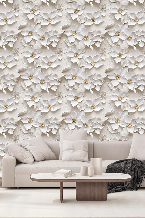 Peel and Stick Wallpaper Cream White Floral Feature | Cream floral wallpaper with raised 3D flower texture for elegant accent walls, bedrooms and modern home decoration. - Image 2