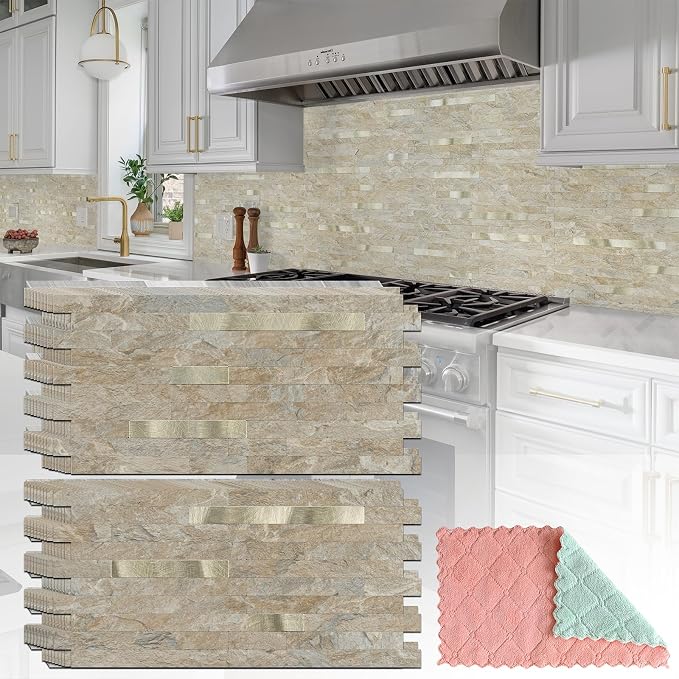 StyloVue 20 Sheets Peel and Stick Backsplash for Kitchen, Sandstone with Metal Gold Look Stick on Tile Upgrade Your Kitchen Backsplash, RV, Fireplace by StyloVue