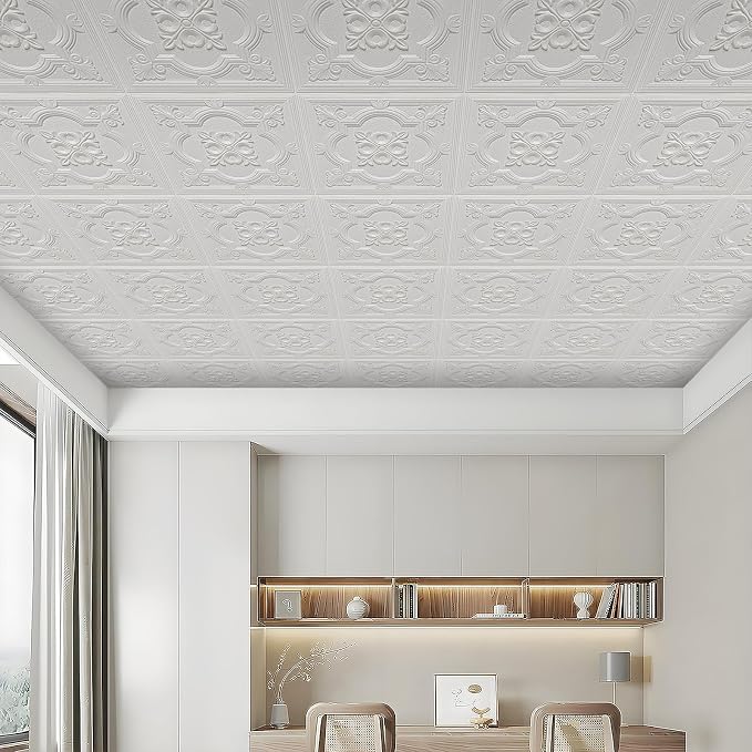 Ceiling Tiles Peel and Stick Foam, 3D Wall Panels 16 Pcs Covered 21 Sq.Ft | Peel and Stick Floral Look, Easy to Install and Cut for Ceiling and Interior Wall Decor, Plain White（13.8 x 13.8 inch） - Image 5