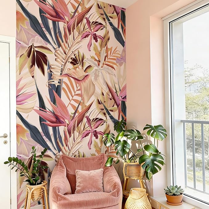 Floral Peel and Stick Wall Mural, Leather Textured Vintage Self-Adhesive Wallpaper for Accent Wall Art Decor, Bird of Paradise, Pink 46.3'' x 98.03'' by Flortlias
