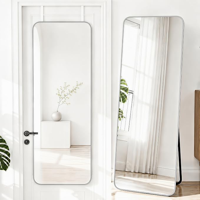NARCISSUS Full Length Mirror 57x20 Inch, Over The Door Mirror with Stand, Wall Mounted or Freestanding/Door Hanging Full Body, Aluminum Alloy Frame, Silver by NARCISSUSMIRROR