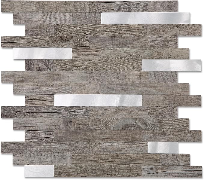 Yipscazo 10 Sheets Peel and Stick Wood Metal Tile Backsplash, Stick on Tiles for Backsplash Kitchen, Bathroom, Laundry Room, Camper, Fireplace (12'' X 12'', Light Brown Wood) by Yipscazo