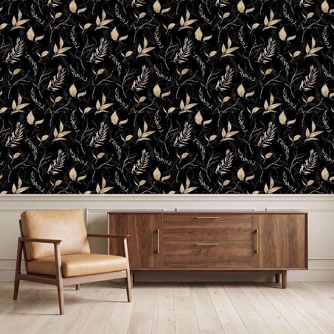 Dark Black and Gold Leaf Peel and Stick Wallpaper 17.7" x 124" | Self-adhesive removable waterproof leaf design for bedroom accent walls and renter friendly spaces - Image 6