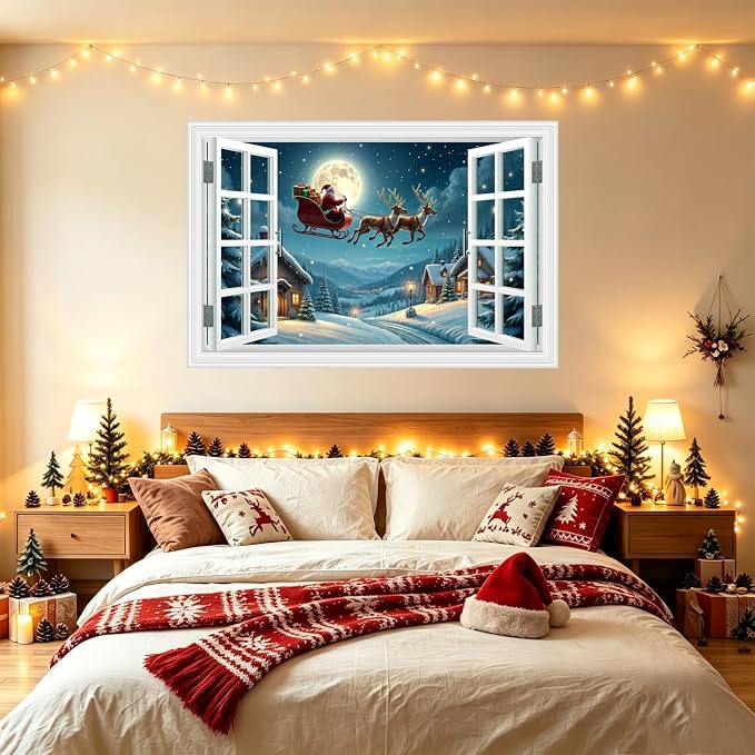 Fake Window Wall Decal - Christmas Night Santa Carry Gifts on The Roof | ｜Faux Window Merry Christmas Wall Art Mural ｜ Stick and Peel Wall Decals｜for Xmas Room Bedroom Office Scene Decor｜24"x16" - Image 5