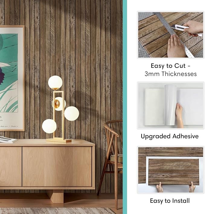 Commomy Faux Wood 3D Peel and Stick - 12 pcs of 22.8" x 11.8" Thin UrltraLight PVC Wall Covering Stickers Shiplap Textured Printable for Kitchen,Bedroom, Living Room,TV Background（Covers 22.48 sq.ft） | Thin UrltraLight PVC Wood Peel and Stick Printable... - Image 5