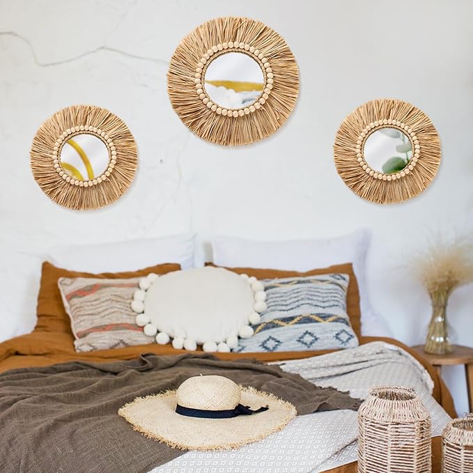 3 Pcs Boho Raffia Round Mirror Wall Hanging Decor with Wood Bead - Image 6