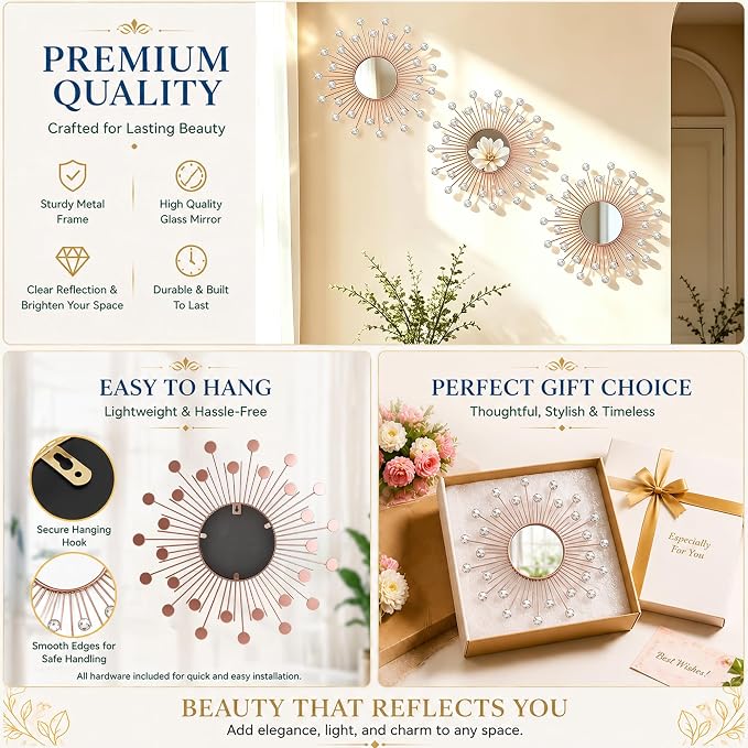 3 Pack Metal Mirrors for Wall Sunburst Wall Mirrors Home Décor Decorative Hanging Wall Art for Living Room Bedroom Entryway (Rose Gold2 Crystal, Sunburst) - Image 8