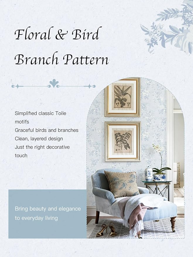 Dimoon Blue Peel and Stick Wallpaper Floral Vintage Wallpaper French Country Renter Friendly Contact Paper Bathroom Kitchen Removable Boho Stick on Wall Paper Vinyl Roll 17.3''×394" - Image 4