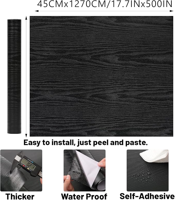 Peel and Stick Wallpaper Black Wood Wall Paper - 17.5 x 500 Inch Self Adhesive Wallpaper Peel and Stick, Easy to Paste Wall Contact Paper for Stand Liner, Table and Door Makeover Decor - Image 2