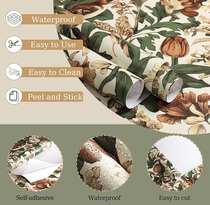 Erfoni Floral Birds Wallpaper Vintage Floral Peel and Stick Wallpaper Beige | 17.3" x118" Decoration DIY Self Adhesive Contact Paper Removable Wallpaper for Bedroom Cabinets Covering Boho Flower Leaf - Image 5