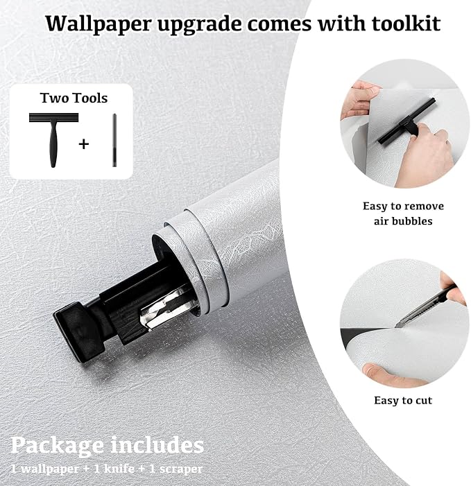 White Textured Wallpaper Peel and Stick Silk Embossed Vinyl Contact Paper | 15.7" X 118" Removable Self Adhesive Wall Vinyl Wrap Covering for Bedroom with Scraper, Paper Cutter - Image 4