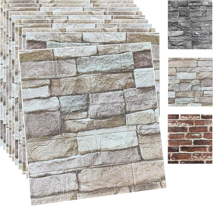 10PCS 3D Wall Panels Peel and Stick Foam 3D Brick Wallpaper Peel and Stick Faux Stone Wall Panel Self-Adhesive Wallpaper (10PCS, Rock Color) by YULI3DH