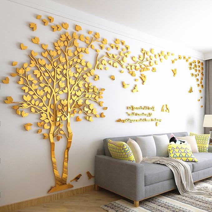 Family Tree Wall Decor Decals - DIY 3D Tree of Life Wall Art Large Decal Stickers Silver Decor Living Room Mural for Bedroom Hallway Home TV Background (Gold Left,XL-158X79in) - Image 2