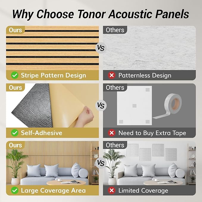 TONOR 8 Pack Large Acoustic Panels,47.2" X 23.6" X 0.35" Acoustical Wall Panel, Self-Adhesive Sound Proof Panels, Decorative Soundproof Wall Panels for Echo Absorption for Home Studio Office, Oak - Image 3