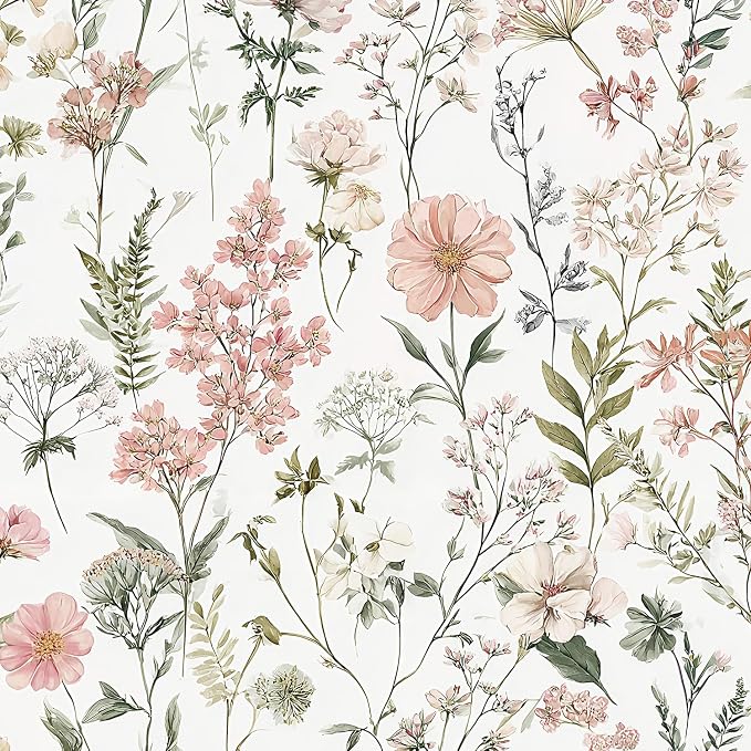 Orainege Pink Floral Peel and Stick Wallpaper Self Adhesive Wallpaper | 17.3inx393.7in Modern Wallpapers for Bedroom Bathroom Green Leaf Contact Paper for Cabinets Removable by Orainege
