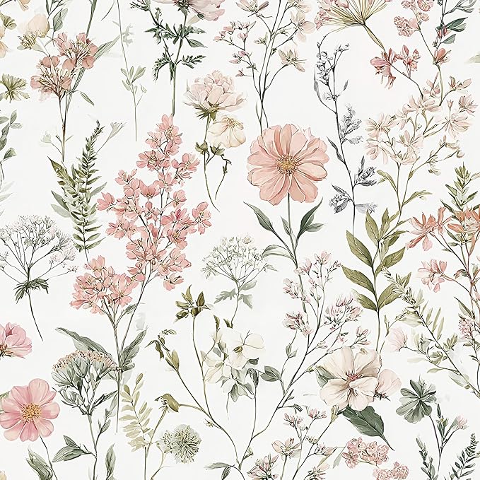 Orainege Pink Floral Peel and Stick Wallpaper Self Adhesive Wallpaper | 16.9inx196.8in Modern Wall Paper for Bedroom Bathroom Green Leaf Contact Paper for Cabinets Removable by Orainege