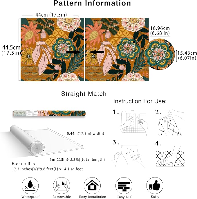 HAOKHOME Orange Wallpaper Peel and Stick Tropical Boho Floral for Bathroom | Textured Removable Waterproof Renter Friendly Wall Paper Vintage Terracotta Pink Green Botanical Bedroom 17.3in x 9.8ft - Image 7