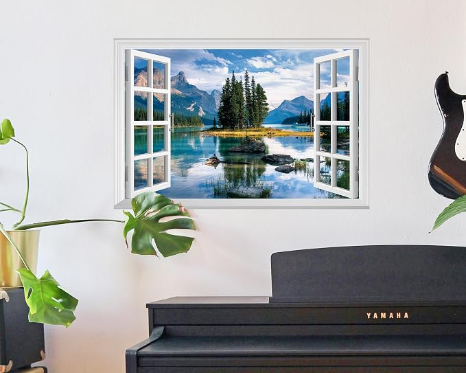 FLFK Fake Window Wall Decal - Trees in The Lake Faux Window Wall Mural for Wall Decor, Peel and Stick Wall Sticker,24"x16" - Image 3