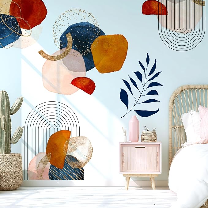 Boho Mid-Century Modern Abstract Geometric Arch Leaf Wall Decals Decor | Modern boho geometric arch lines peel and stick wall stickers mural, removable vinyl art for living room bedroom wall decor - Image 6