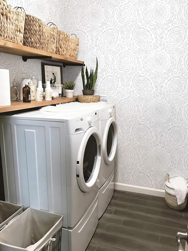 Ismoon Floral Peel and Stick Wallpaper Boho Grey and White Contact Paper | 17.3x196in Light Gray Wall Paper Textured Self Adhesive Removable Wallpaper for Bedroom Kitchen Renter Friendly Vinyl - Image 4