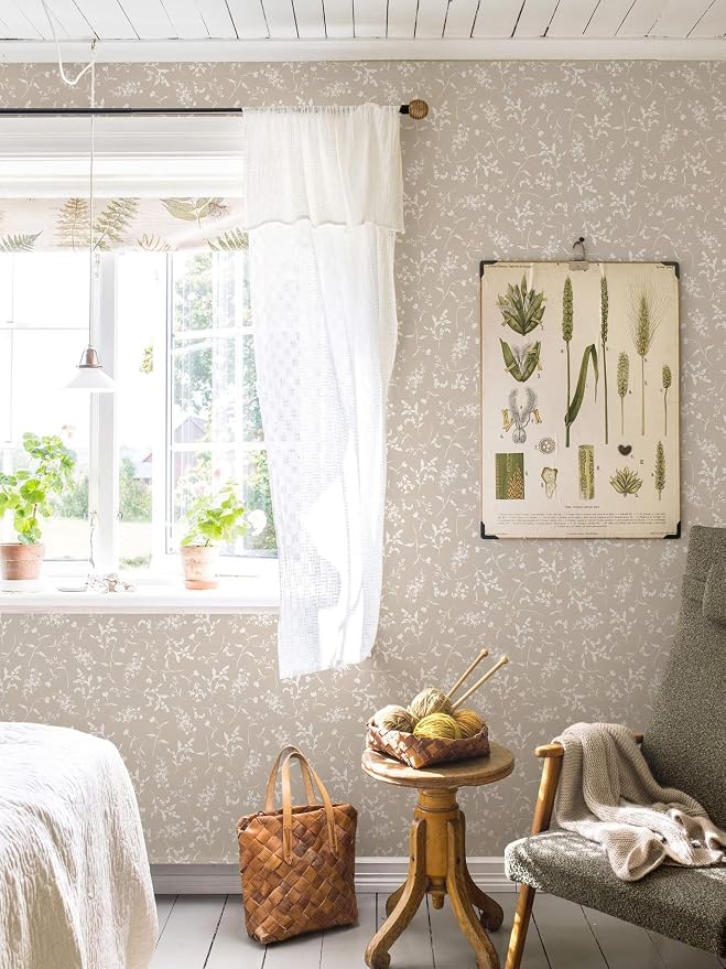 Ismoon Floral Wallpaper Peel and Stick Brown Neutral Contact Paper Wildflowers Leaf Stick on Wall Paper Textured Removable Self Adhesive Vinyl Wallpaper for Bedroom Bahtroom Wall Decor 17.3x196in - Image 3