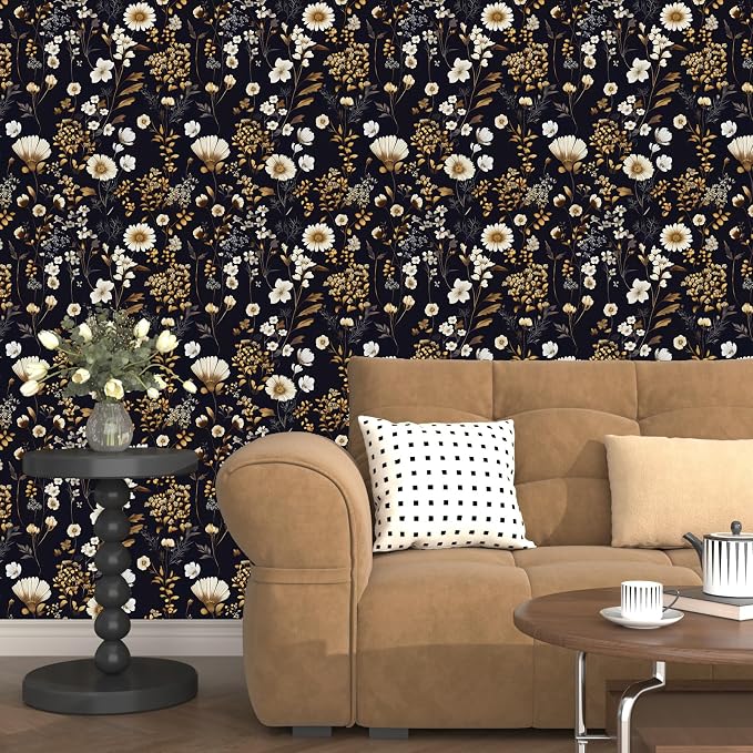 Laatse Dark Floral Gold Leaf Vintage Wallpaper Peel and Stick 17.5''x393'' | Self Adhesive/Removable/Waterproof/Thick Vinyl Contact Paper for Bathroom Bedroom Shelf Cabinet Drawer,Prepasted,Easy Peel - Image 8
