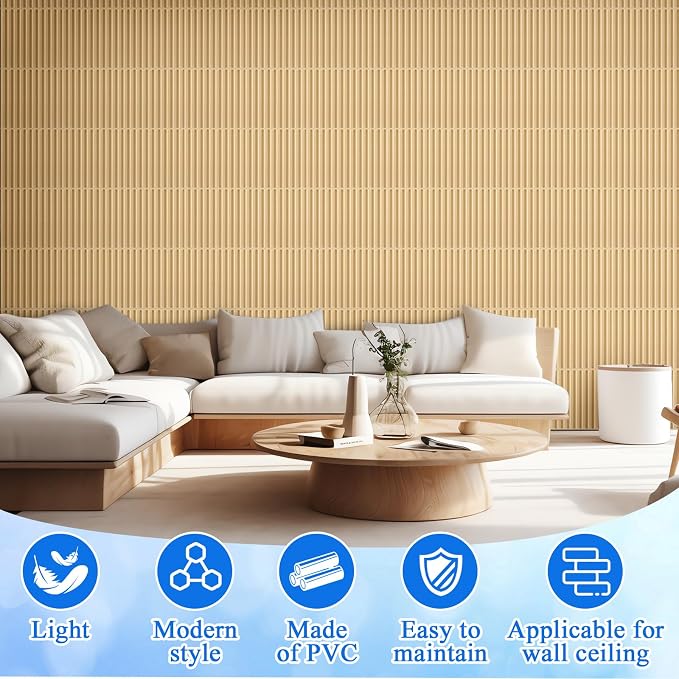 Nuanchu 60 Pcs 3D Wall Panels, 12"x12" PVC Fluted Tiles, Natural Oak | Waterproof Accent Panels, Paintable Wall Tiles, for TV Background, Bedroom, Bathroom, Gaming Room, Cuttable Home DIY Decor - Image 5