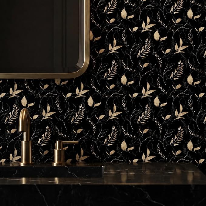 Dark Black and Gold Leaf Peel and Stick Wallpaper 17.7" x 124" | Self-adhesive removable waterproof leaf design for bedroom accent walls and renter friendly spaces - Image 4
