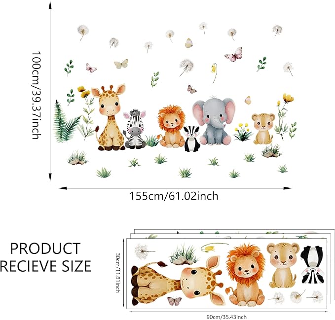 Watercolor Baby Safari Animals Wall Decal, Peel and Stick Jungle Animals Lion, Elephant Nursery Wall Stickers for Kids, Boys and Girls Room, Bedroom & Toddler Room Decor (Animal Floral Decals) - Image 2