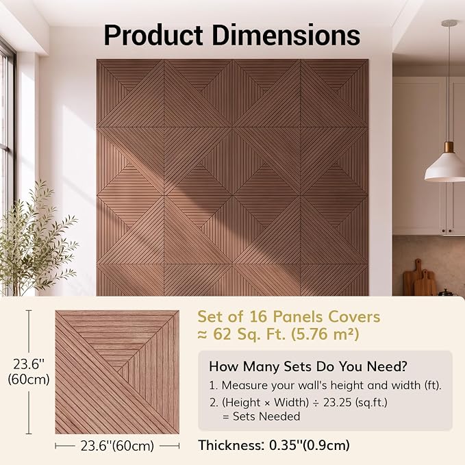TONOR Acoustic Wall Panels Peel and Stick, 16 Pack 23.6''x23.6''-62 sq.ft. High-Density Acoustic Wood Panels Alternative. Soundproof Wall Panels for Interior Wall Decor, Home, Bedroom, Walnut - Image 2