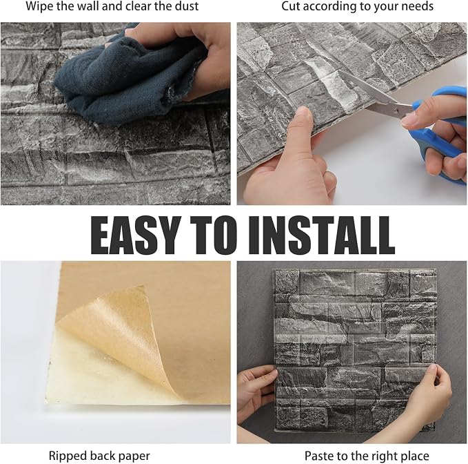 Tinlade 30 Pcs 3D Wall Panels Peel and Stick Wallpaper Foam, Grey Stone | Faux Brick Stone Tiles, Covering 28.8-48.4 Sq ft, Self Adhesive Waterproof Panels for Bedroom Living Room Kitchen Walls - Image 3