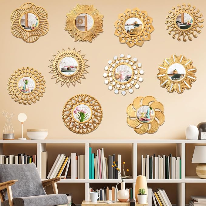 Barydat 10 Pcs Boho Gold Sun Mirrors for Wall Decor 10 Inches Plastic Decorative Wall Mirrors for Entryway Home Living Room (Modern) by home