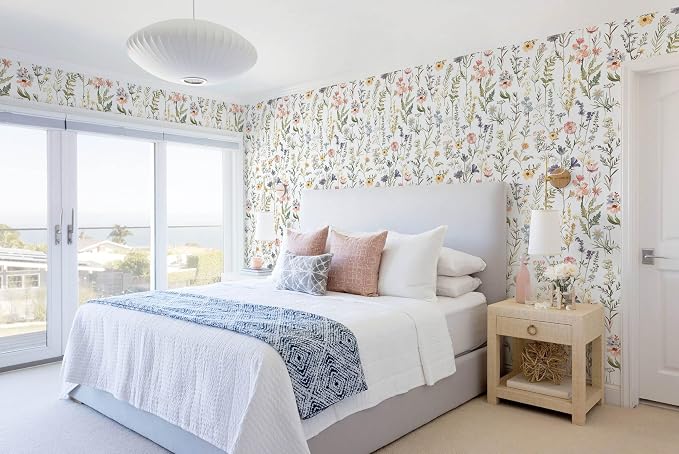 Dimoon Boho Peel and Stick Wallpaper White Floral Contact Paper 17.3x394in |Purple Wildflower Botanical Renter Friendly Removable Self Adhesive Stick on Wall Paper Decor for Bathroom Bedroom Vinyl - Image 6