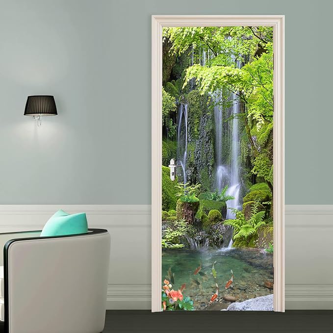 artfanke 3D Door Sticker Peel and Stick 30.3"x78.7"-Self-Adhesive Door Murals Wallpaper-Green Forest Waterfall Wall Poster Decal for Home Decor (2 Sheets/Set) - Image 5