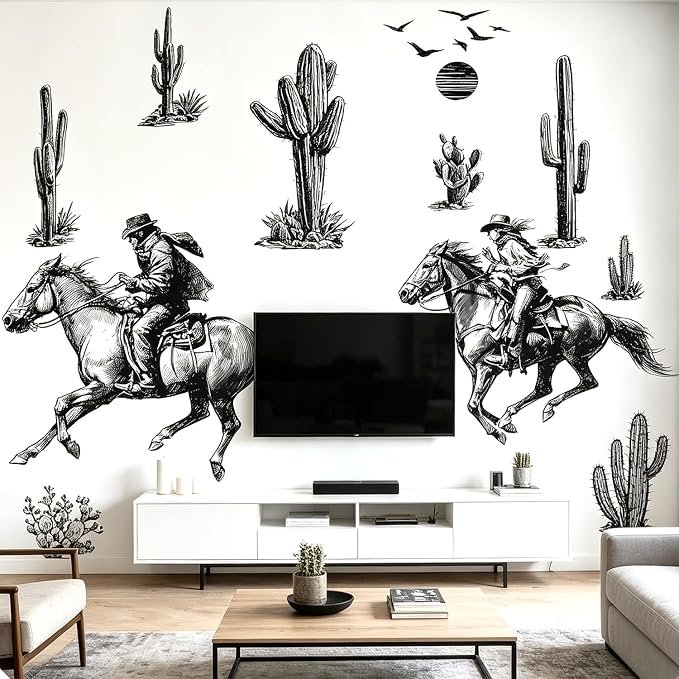 Vintage Western Cowboy Cactus Wall Decals, Black Sketch Desert Wall Sticker | Saguaro cactus peel and stick wall decor, removable vinyl wall art mural for bedroom farmhouse entryway home decoration - Image 4