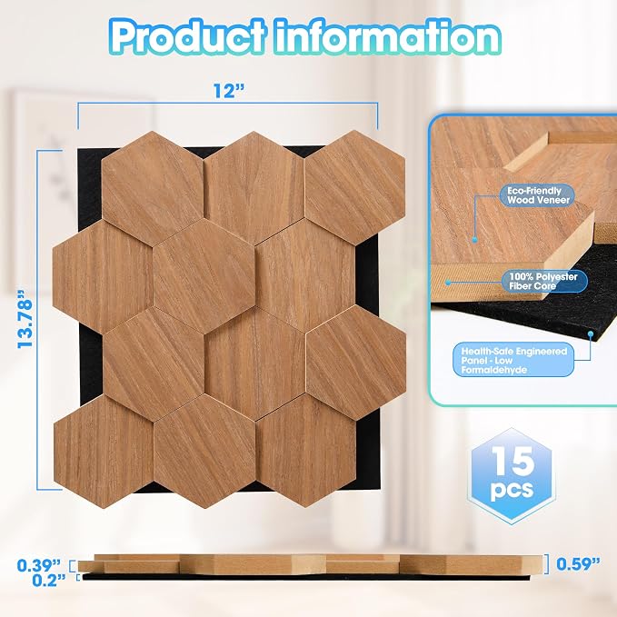 Wood Panels for Wall Hexagon, 15Pack 13.78"x12" (17.2ft²) 3D Wall Panels | Decorative Acoustic Panels for Living Room, Bedroom, Office, Chestnut Walnut - Image 3