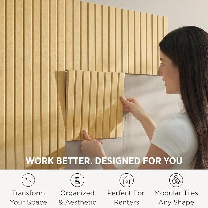 VIVELDA Large Felt Bulletin Board 48 x 36 Inch - 12-Pack Square Acoustic Wall Panels, Cork Board Alternative, NRC 0.95, Damage-Free Adhesive, Slatted Design for Home, Classroom (Mustard) - Image 2