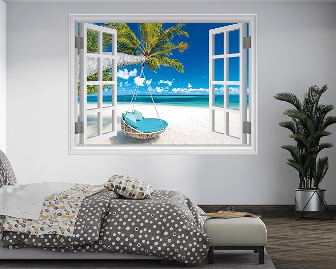 FLFK Fake Window Wall Decal, Tropical Beach Paradise with Turquoise Ocean, White Frame, Peel and Stick, 80 x 60 Inches,for Living Rooms, bedrooms, and Offices - Image 5