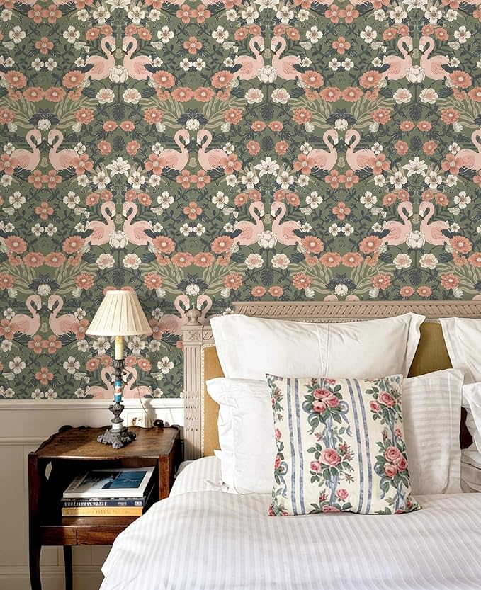 Heroad Green Peel and Stick Wallpaper Vintage Floral Flamingo Contact Paper William Morris Wall Paper Removable Renter Friendly Wallpaper for Bedroom Nursery Farmhouse Vinyl Rolls 17.3''X 78.7'' - Image 2
