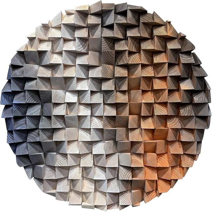 LIUZEYUE Large Round Wood Wall Art Featuring Sculptural Disc Texture | round 3D wall art; cool gray and rust, staggered mosaic surface; hotel lounge circular centerpiece; 47.2 in diameter - Image 4