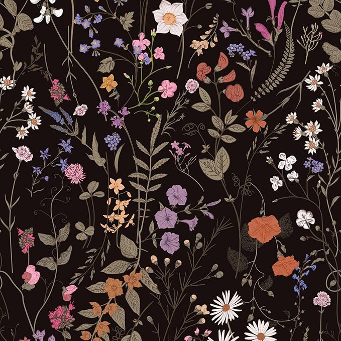 JiffDiff Floral Wallpaper Peel and Stick- 1181" x 17.3" Farm Wildwood Self Adhesive Wall Paper Daisy Flower Contact Paper Dark Floral Stick On Wallpaper by wallpaper