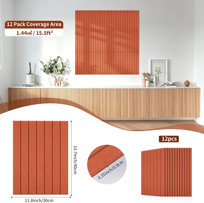 TO-TH Acoustic Panels Peel and Stick Sound Wall Panel 12 Pack, Honey Orange | Self-Adhesive, Sound Absorbing Panels, 100% Polyester Fiber, 11.8"×15.7"×0.35", Acoustical Treatment for Studio, Office, Home - Image 3