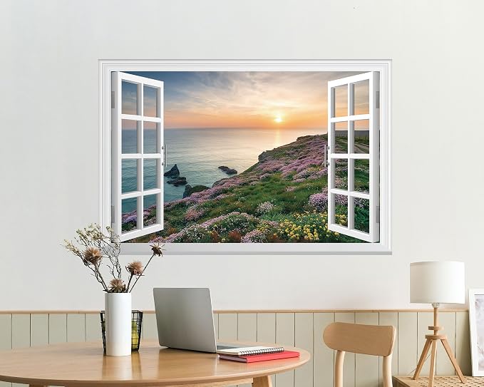 FLFK Fake Window Wall Mural - Sunset Over the Sea Faux Window Wall Sticker for Wall Decor, Stick and Peel Wall Decals,48"x32",Set of 2 Sheets - Image 5