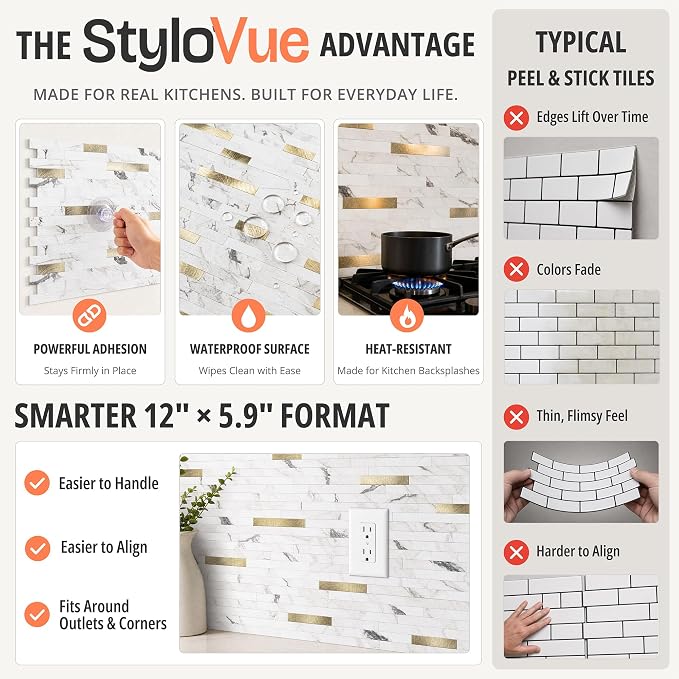 StyloVue 20 Sheets Peel and Stick Backsplash for Kitchen, Volakas White Marble Look with Gold Metal, Stick on Tile for Kitchen Backsplash, RV, Fireplace - Image 5