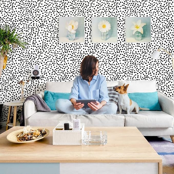 Jeweluck Peel and Stick Wallpaper Polka Dot Wallpaper 17.7” x 590.5” | Black and White Wallpaper Stick and Peel Black Dot Contact Paper Decorative Removable Self Adhesive Vinyl Walls for Bathroom - Image 3