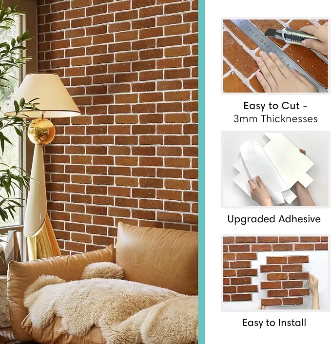 Commomy Faux Brick Wall Panels Peel and Stick Thin PVC 10 Pcs 11.8" x 11.8" | Small Size Thin PVC Quick Wall Covering Home Decor for Kitchen,Fireplace,Home Office (Covers 9.7 sq.ft) - Image 5