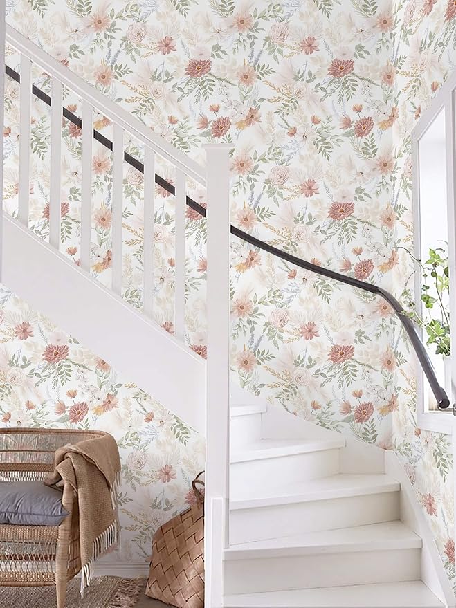 Dimoon Pink Floral Peel and Stick Wallpaper Modern Beige Contact Paper 17.3''x78.7'' Boho Village Country Cottage Wallpaper Renter Friendly Girls Room Wall Paper for Bathroom Nursery Bedroom Vinyl - Image 9