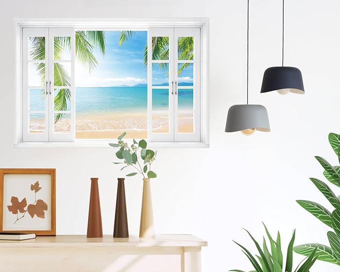 FLFK Fake Window Wall Mural - Tropical Ocean View Peel and Stick Decal, 48 x 32 inches, Set of 2 Sheets - Image 4