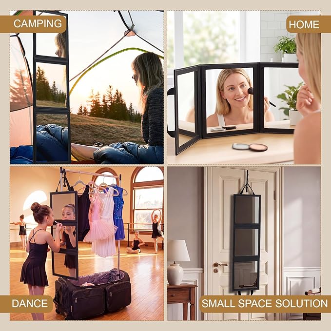 Novabright 3-Panel Over The Door Full Length Mirror, Foldable Hanging Acrylic Body/Makeup Mirror with Height Adjustable Hook for Bedroom Closet Bathroom, Dance Travel Camping (Black) - Image 5