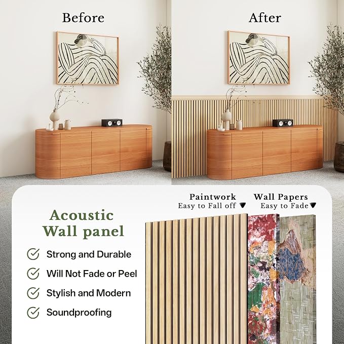 MISSDAY Wood Slat Acoustic Wall Panels, 4 Packs 94.5" x 12.6" Oak Soundproof Panel For Interior Wall Decor Noise Absorbing-3D Textured Wooden Panel Sound-Absorbing for Home, Office, Studio - Image 4